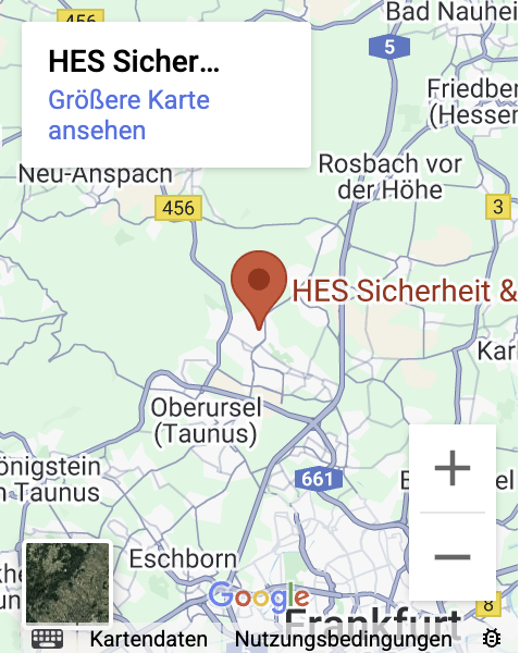 Map showing location of HES Sicherheit & Services near Oberursel, Germany, with marked routes and nearby roads.