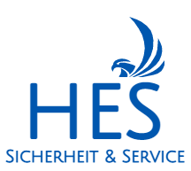 Logo of HES, featuring a blue design with the words Sicherheit & Service below the main text.