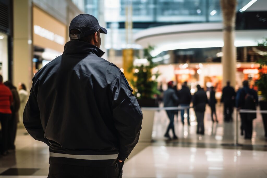 Ein Sicherheitsdienstmitarbeiter überwacht einen Gewerbepark und sorgt für Wach- und Objektschutz in der Mall, um die Gewerbeparksicherheit zu gewährleisten.