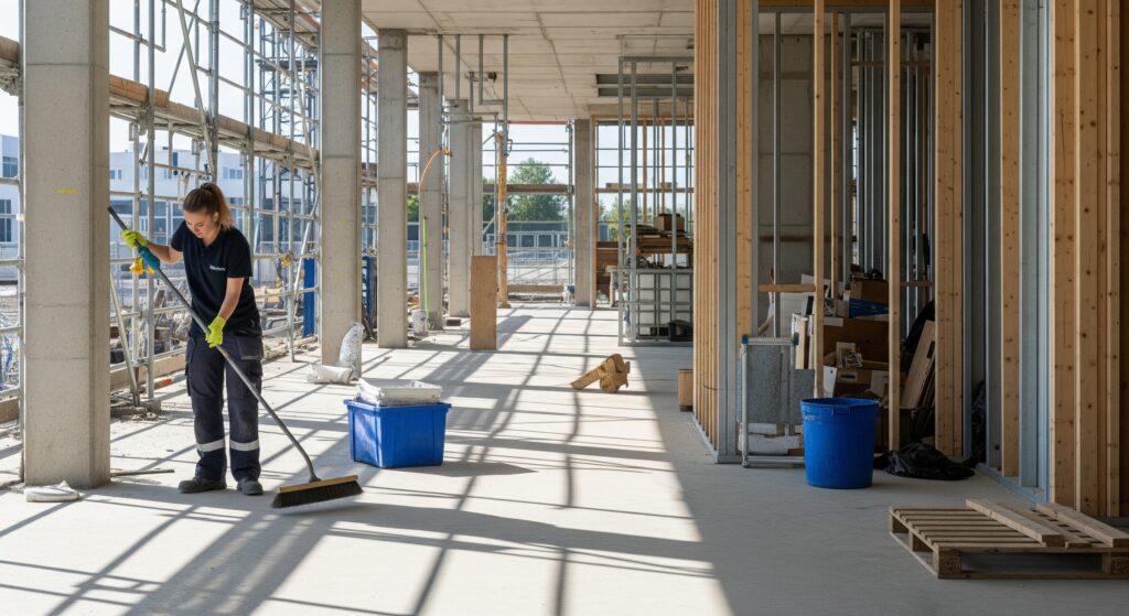 Eine Person reinigt den Boden in einem Neubau im Rahmen der Baustellenreinigung und Bauendreinigung für den Sicherheitsdienst.