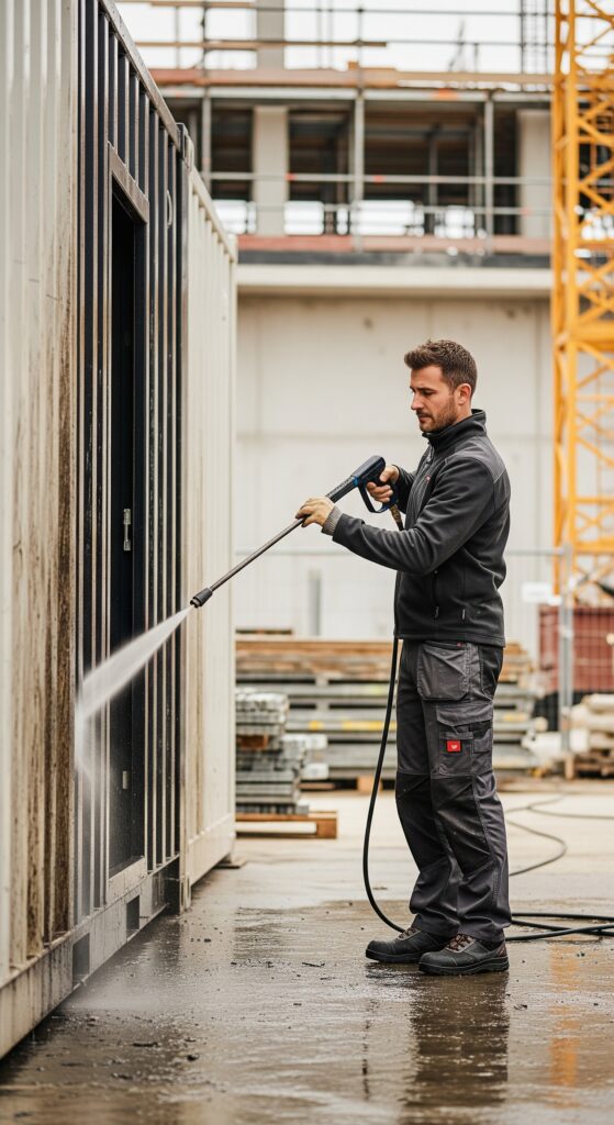 Ein Sicherheitsdienstmitarbeiter reinigt mit einem Hochdruckreiniger einen Container auf der Baustelle für Baustellenreinigung, Containerreinigung und Bauendreinigung.