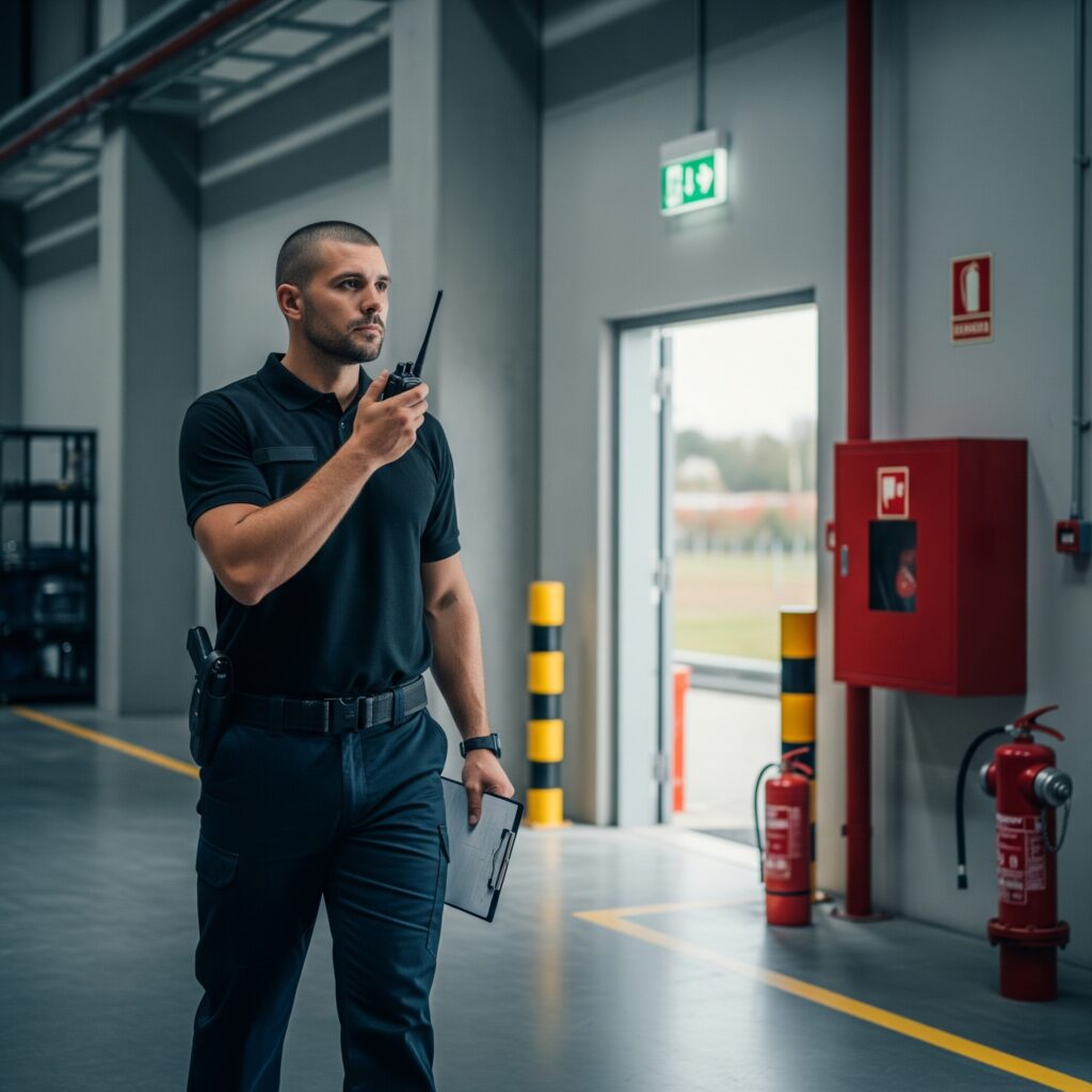 Ein Mitarbeiter der Brandsicherheitswache in Bad Homburg überwacht ein Sicherheitssystem mit Funkgerät und Notizen für den Sicherheitsdienst.
