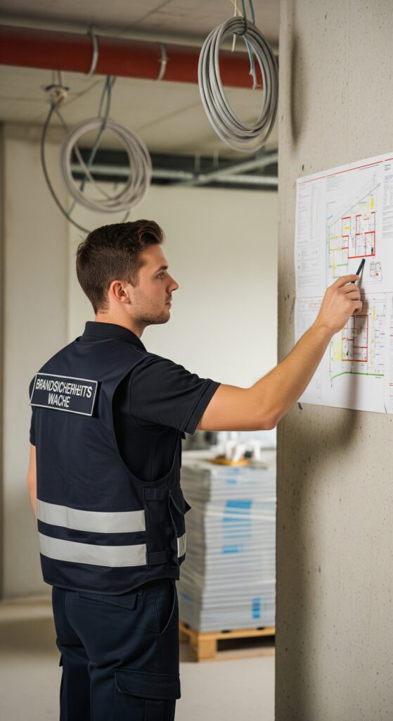 Ein Mitarbeiter der Brandsicherheitswache in Bad Homburg prüft ein Sicherheitssystem auf einem Plan für den Sicherheitsdienst.