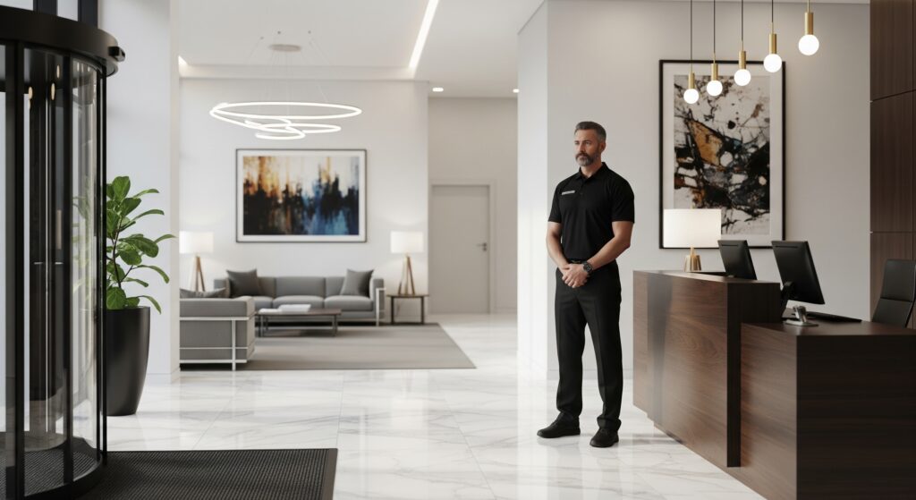 Elegante Lobby in Bad Homburg mit modernem Sicherheitskonzept und Empfangs- & Pförtnerdienst, Sicherheit mit System durch Wachschutz.