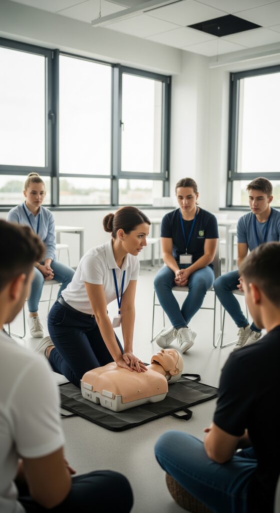 Teilnehmer eines Erste Hilfe Kurses üben lebensrettende Notfallmaßnahmen zur Wiederbelebung mit einer Übungspuppe, sicherheitsdienst.