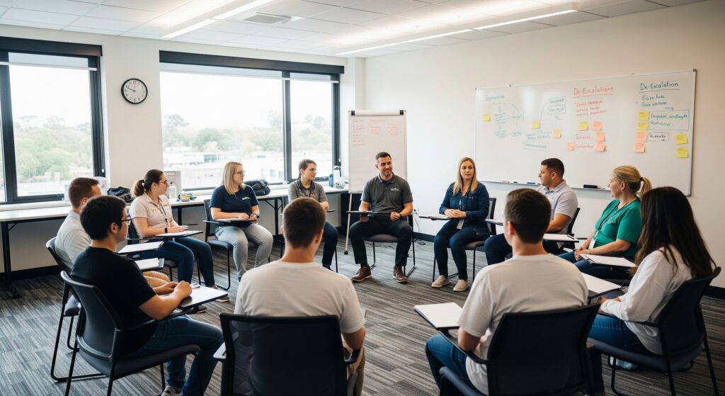 Teilnehmer aktiv in Gruppenschulung für Deeskalationstraining und Konfliktmanagement in Bad Homburg beim Sicherheitsdienst.