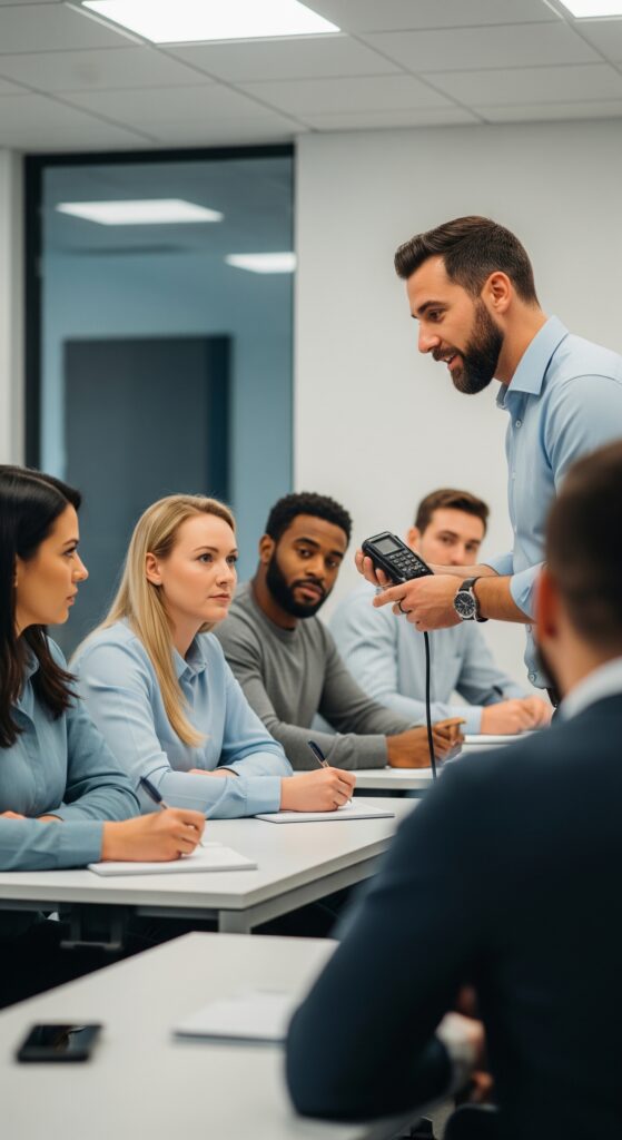 Ein Lehrer erklärt in einer Sitzung zur Sachkundevorbereitung im Sicherheitsgewerbe verantwortungsvolle Aufgaben im Sicherheitsdienst.