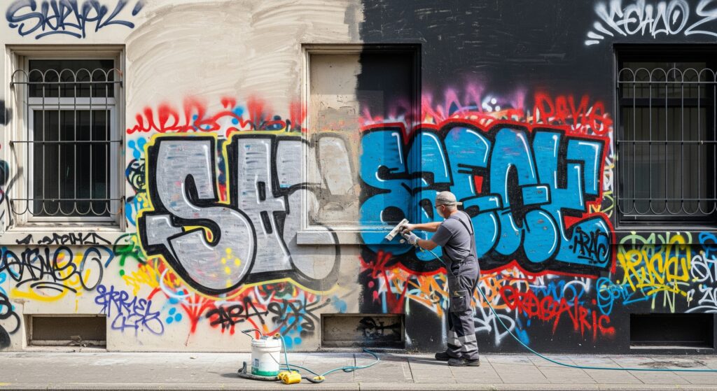 Sonderreinigung eines Graffiti in Bad Homburg durch einen Arbeiter vom Sicherheitsdienst an einer Wand.