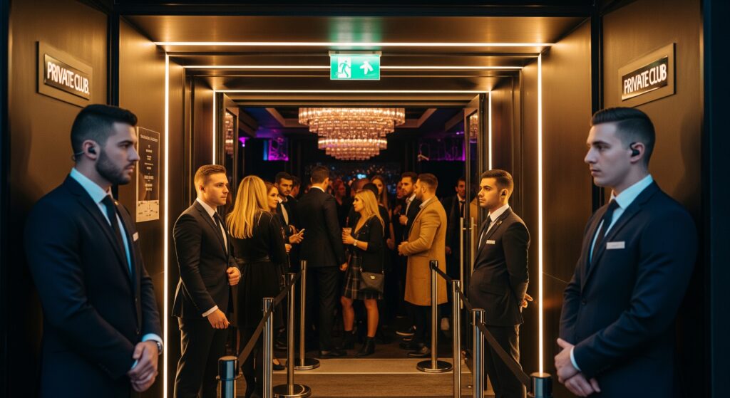 Türsteher gewährleisten Sicherheit und Objektsicherung an der Eingangstür eines privaten Clubs.