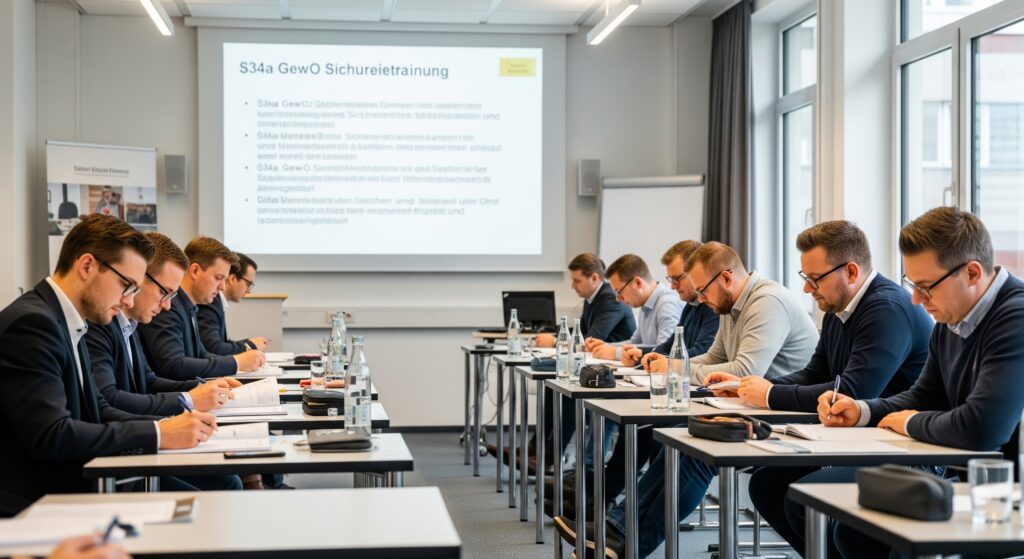 Teilnehmer konzentrieren sich auf Inhalte der Schulung zum §34a GewO mit Sicherheitspersonal in Bad Homburg für Sicherheitsdienst Qualifikation.