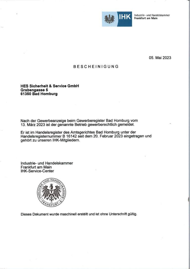 Zertifikat der IHK für HES Sicherheit & Service GmbH, gültig für Qualitätskontrollen im Sicherheitsdienst in der Branche Sicherheitsdienst.