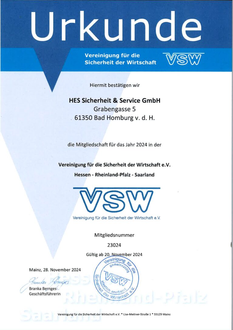 Ein Zertifikat für HES Sicherheit & Service GmbH, Mitglied der VSW, das bis 2024 gültig ist und die betonten Qualitätskontrollen und Sicherheitsdienste beinhaltet.
