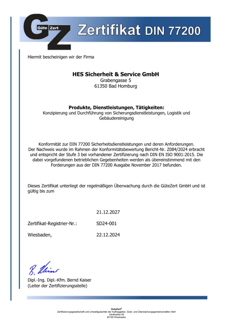 Zertifikat der HES Sicherheit & Service GmbH für Sicherheitsdienst, Qualitätskontrollen und Dienstleistungen bis 2027, zeigt hohe Standards im Sicherheitsdienst.
